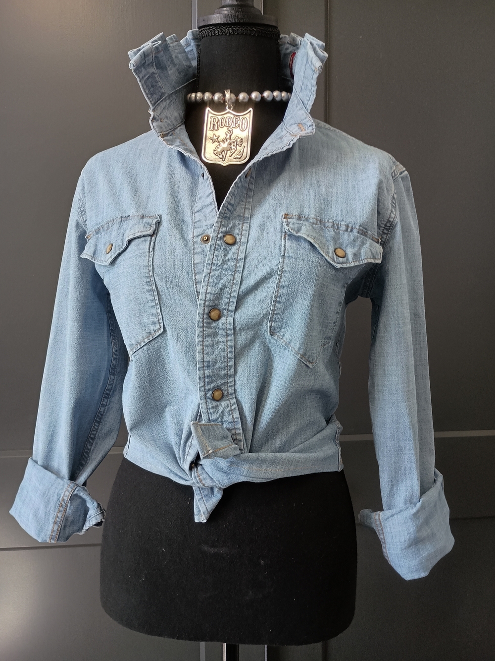 Upcycled Women's Wrangler Denim Ruffle Collar Shirt #R3